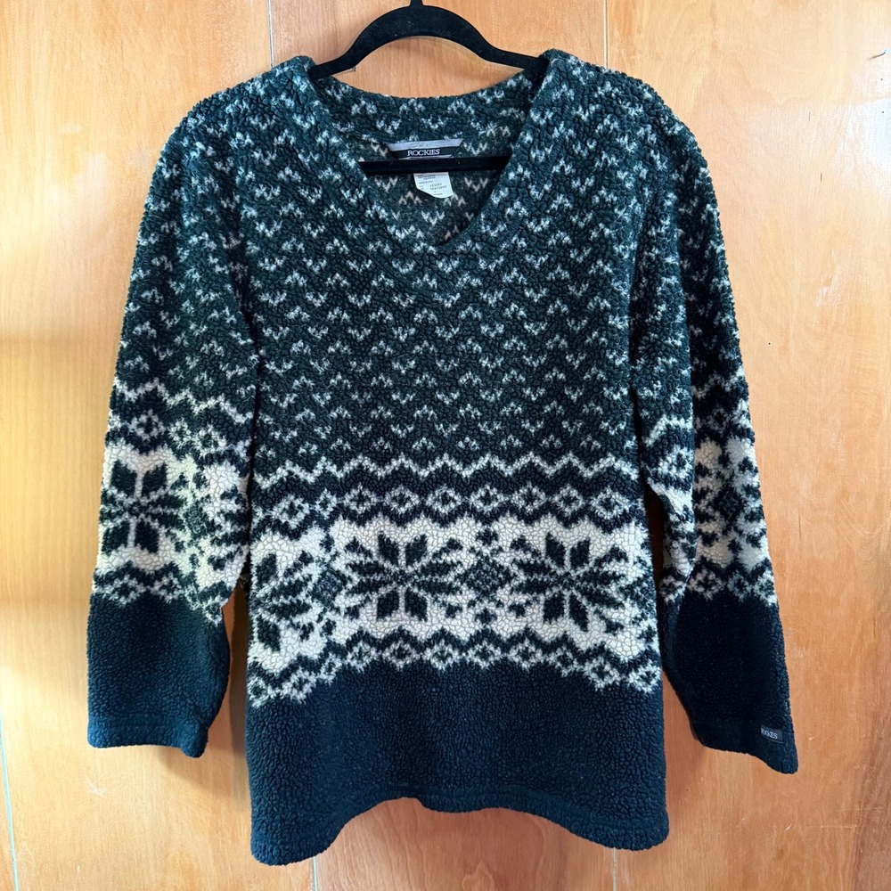 Rockies Jeanswear Vintage Fair Isle Snowflake Fleece V-Neck‎ Sweater Green Large